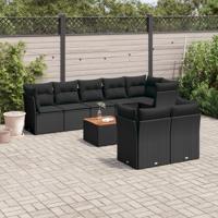 9-delige Loungeset met kussens poly rattan zwart - thumbnail