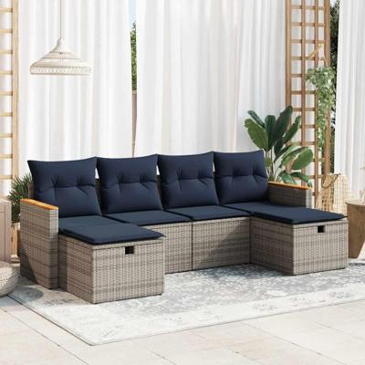 6-delige Loungeset met kussens poly rattan grijs