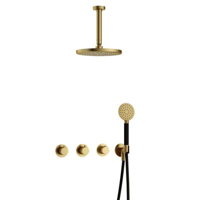 Hotbath Cobber - CB7067 - Inbouw Regendoucheset - Geborsteld Messing PVD - 2 Stopkranen - Thermostatisch - Plafondbuis 15 cm - Hoofddouche 200 mm - Ronde Handdouche 3 Standen - Waterbesparend