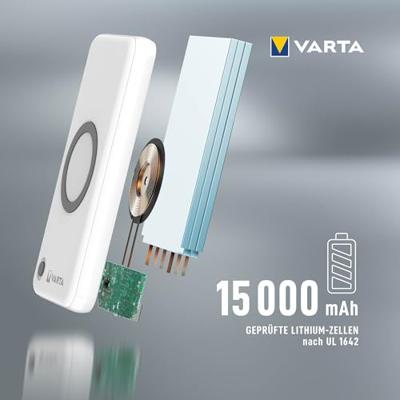 Varta 57908 Powerbank 15000 mAh Quick Charge 3.0, USB PD, Qi Wireless Charging LiPo Wireless Charging, USB-C (met Power Delivery) Wit Statusweergave Varta 57908 Powerbank 15000 mAh Quick Charge 3.0, USB PD, Qi Wireless Charging LiPo Wireless Charging, USB-C (met Power Delivery) Wit Statusweergave
