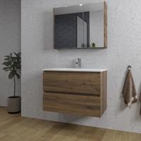 Adema Chaci Badkamermeubelset - 80x46x55cm - 1 keramische wasbak wit - 1 kraangat - 2 lades - Spiegelkast - noten (hout) SW1212816/SW804531/SW1212764/SW812073 - thumbnail