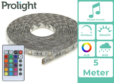Prolight LED-Strip - Multicolour - 5 Meter - Met Afstandsbediening en Muzieksynchronisatie