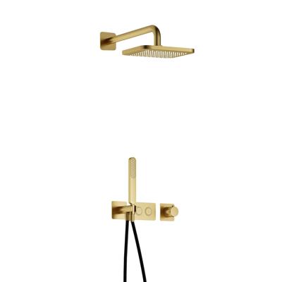 Hotbath Gal - Inbouw Regendoucheset - Geborsteld Messing PVD - Thermostatisch - Wandarm 35 cm - Hoofddouche 220 mm - Staafhanddouche