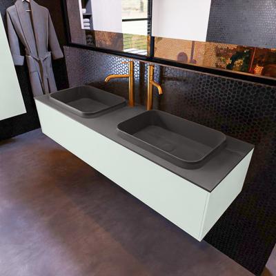 Badkamermeubelset Mondiaz Erin 150 cm met 1 Lade met RIDGE Wastafel Dubbel Dark grey met 2 kraangaten Greeploos Mat Greey Badkamermeubelset Mondiaz Erin 150 cm met 1 Lade met RIDGE Wastafel Dubbel Dark grey met 2 kraangaten Greeploos Mat Greey