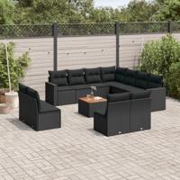 12-delige Loungeset met kussens poly rattan zwart - thumbnail