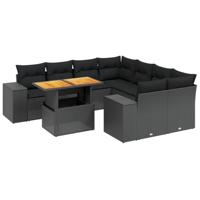 9-delige Loungeset met kussens poly rattan zwart - thumbnail