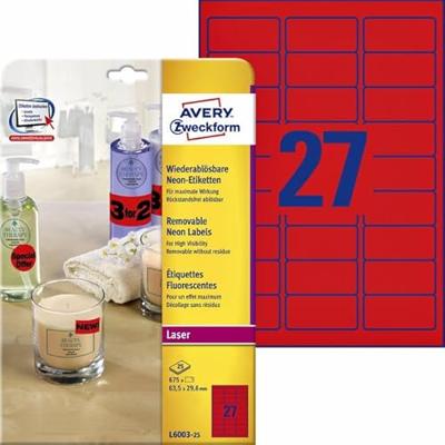 Etiket avery l6003-25 63.5x29.6 neon rood 675st