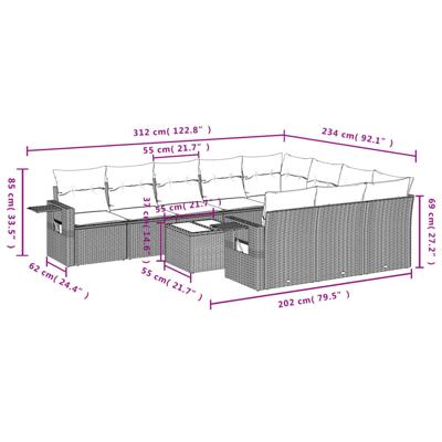 11-delige Loungeset met kussens poly rattan bruin - thumbnail