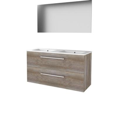 Basic-Line Basic 46 Badkamermeubelset - 120 x 46 cm - Met Grepen - 2 Lades - Keramische Wastafel - 2 Kraangaten - Spiegel - Scotch Oak
