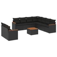 9-delige Loungeset met kussens poly rattan zwart - thumbnail