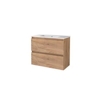 Basic-Line Start 39 Badkamermeubelset - Ondiep - 80 x 39 cm - Greeploos - 2 Lades - Keramische Wastafel - 1 Kraangat - Whisky Oak