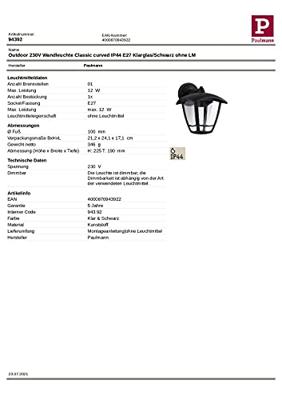 Paulmann 94392 Wandlamp E27 Helder, Zwart