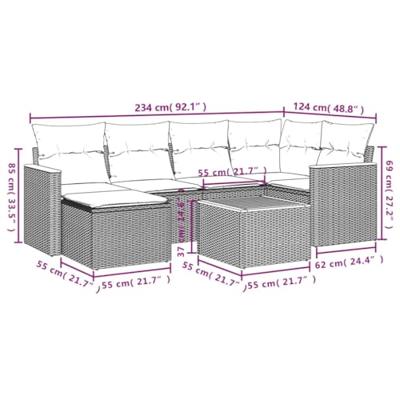 7-delige Loungeset met kussens poly rattan grijs