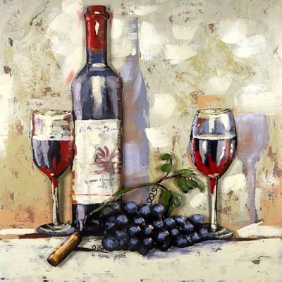 Schilderij - Metaalschilderij - Fles rode wijn met glazen 80x80cm, 3D schilderij