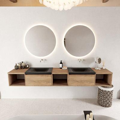 MONDIAZ BUKLA 240cm badmeubel met open module 40 L+M+R kleur Washed Oak met 2 lades. Wastafel CLOUD dubbel 0 kraangaten kleur Urban.