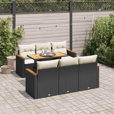 7-delige Loungeset met kussens poly rattan acacia zwart