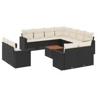 12-delige Loungeset met kussens poly rattan zwart - thumbnail