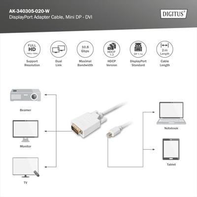 Digitus AK-340305-020-W DisplayPort-kabel Mini-displayport / DVI Adapterkabel Mini DisplayPort-stekker, DVI-D 24+1-polige stekker 2.00 m Wit Schroefbaar