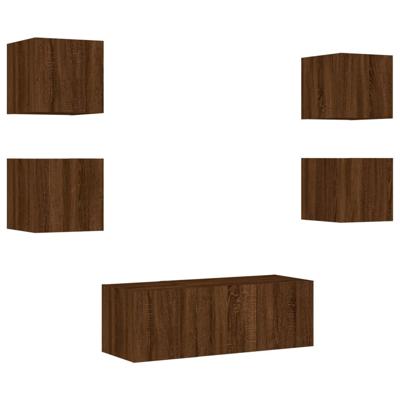 6-delige Tv-wandmeubelset met LED bewerkt hout bruineikenkleur - thumbnail