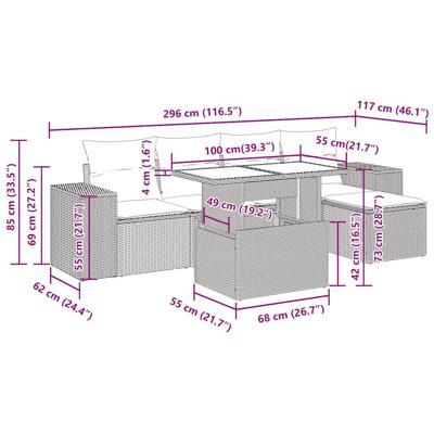 6-delige Loungeset met kussens poly rattan zwart - thumbnail