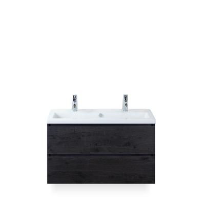 Vogue Badmeubelset 100 cm - Greeplijst in kleur - Black Oak - Keramische Wastafel Wit 2 kraangaten