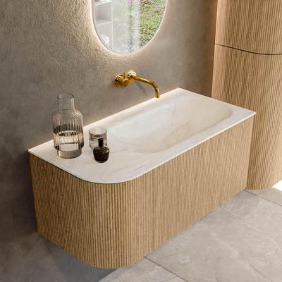 Mondiaz KURVE-DLUX 95 cm Onderkast Greeploos 1 Lade Met Deuren Oak, Wastafel Solid Surface Rechts Ostra 0 Kraangaten Zonder Spiegel (KRVBGS95L1L1D0KR-Oak/Ost)