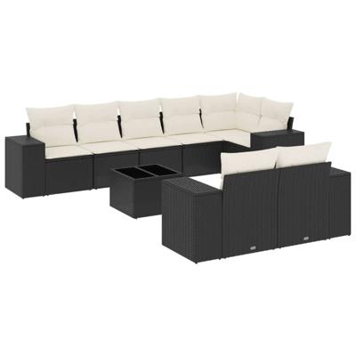 9-delige Loungeset met kussens poly rattan zwart