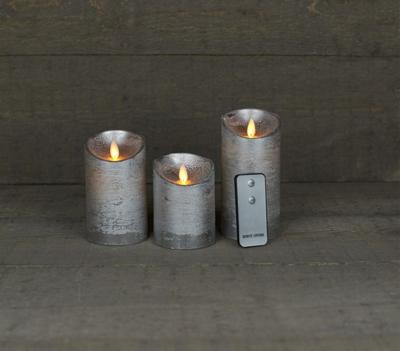 Batterijverlichting 3 stuks kaars wax rustiek bewegende vlam 7,5 x 10/12,5/15 cm zilver met afstandsbediening Anna's collection - Annas collection