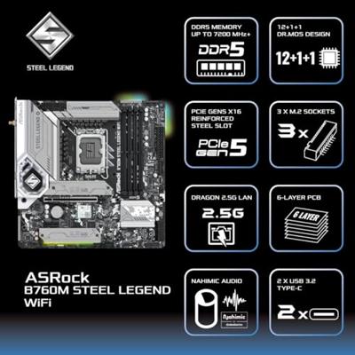 Asrock B760M Steel Legend WiFi Intel B760 LGA 1700 micro ATX - thumbnail