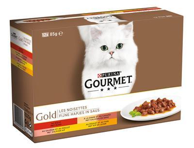 Gourmet Gold Fijne Hapjes in saus met rund, kalkoen en eend, zalm en kip, kip en lever (85g) 96 x 85 g - thumbnail