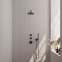 Regendoucheset Inbouw Brauer Black Carving Thermostatisch 20cm met Gebogen Wandarm en Handdouche Staaf Losse Stopkranen Mat Zwart - thumbnail