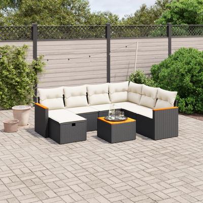 7-delige Loungeset met kussens poly rattan zwart