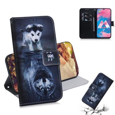 Wolf en hond patroon gekleurde tekening horizontale Flip lederen case voor Galaxy M30 met houder & card slots & portemonnee