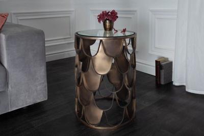 industrieele bijzettafel ABSTRACT 55cm antiek messing metaal visschub design rond glas - 40111