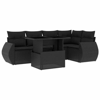 6-delige Loungeset met kussens poly rattan zwart - thumbnail