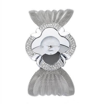 2 PC'S bloem vorm spiegel Dial Diamond grid riem quartz horloge voor vrouwen (zilver)