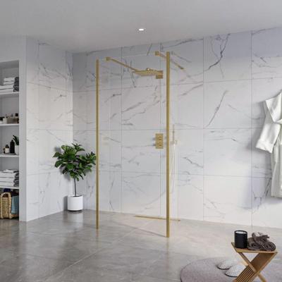 Fortifura Galeria Vrijstaande Inloopdouche - 90x200cm - Helder - antikalk - 8mm veiligheidsglas - 2 zijwanden 30cm - wandsteunen en hoekprofielen - Geborsteld Messing PVD (Goud) SW927770 2x/SW797926/SW797909 2x/SW798731 2x