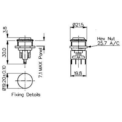 Bulgin MP0031/2 MP0031/2 Vandalismebestendige druktoets 250 V/AC 5 A 1x uit/(aan) Moment (Ø x h) 21.5 mm x 33.8 mm IP66 1 stuk(s)