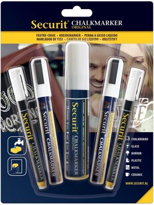 Securit krijtmarker wit, etui met 5 stuks in geassorteerde diktes Securit krijtmarker wit, etui met 5 stuks in geassorteerde diktes