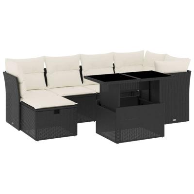 7-delige Loungeset met kussens poly rattan zwart