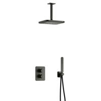 Hotbath Gal - Inbouw Regendoucheset - Geborsteld Gunmetal PVD - Thermostatisch - Plafondbuis 15 cm - Hoofddouche 220 mm - Staafhanddouche - met 2-Weg Stop-Omstel - thumbnail