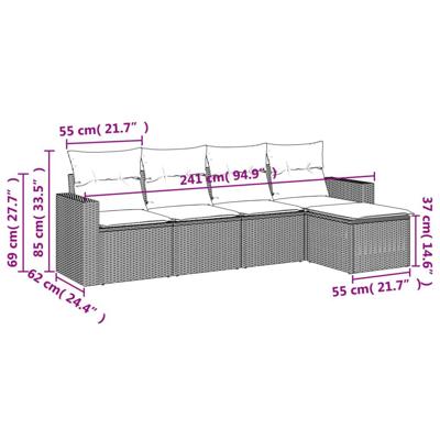 5-delige Loungeset met kussens poly rattan grijs