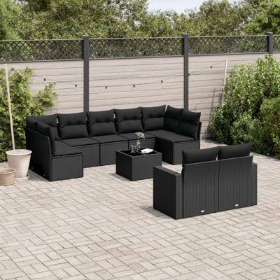 10-delige Loungeset met kussens poly rattan zwart - thumbnail