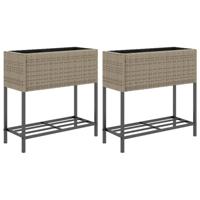 Plantenbakken met schap 2 st 70x28x70 poly rattan grijs - thumbnail