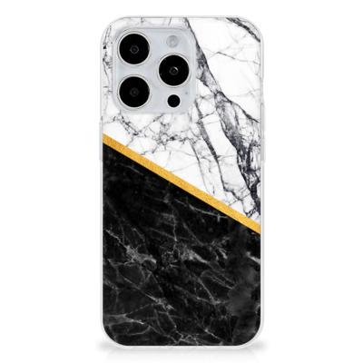 iPhone 15 Pro Max | TPU | Siliconen hoesje | Marmer Wit Zwart - Origineel Cadeau Man