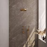 BRAUER Stripe Thermostatische Inbouw Regendouche - SET 02 - 25cm douchekop - gebogen muurarm - staaf handdouche - doucheslang - wandaansluitbocht - goud geborsteld PVD 5-GG-367 - thumbnail