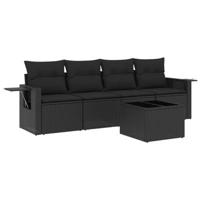 5-delige Loungeset met kussens poly rattan zwart - thumbnail