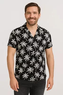 Frivilin - Heren Italiaans Overhemd - Korte Mouw - Palmprint - Open kraag