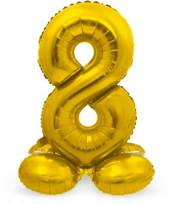 Goudkleurig Folieballon Cijfer 8 Op Standaard (72 cm)