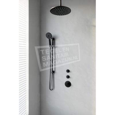Black Edition thermostatische inbouw regendouche SET 24 - 30 cm douchekop, plafondarm, 3-standen handdouche, doucheslang, en geïntegreerde glijstang (mat zwart)